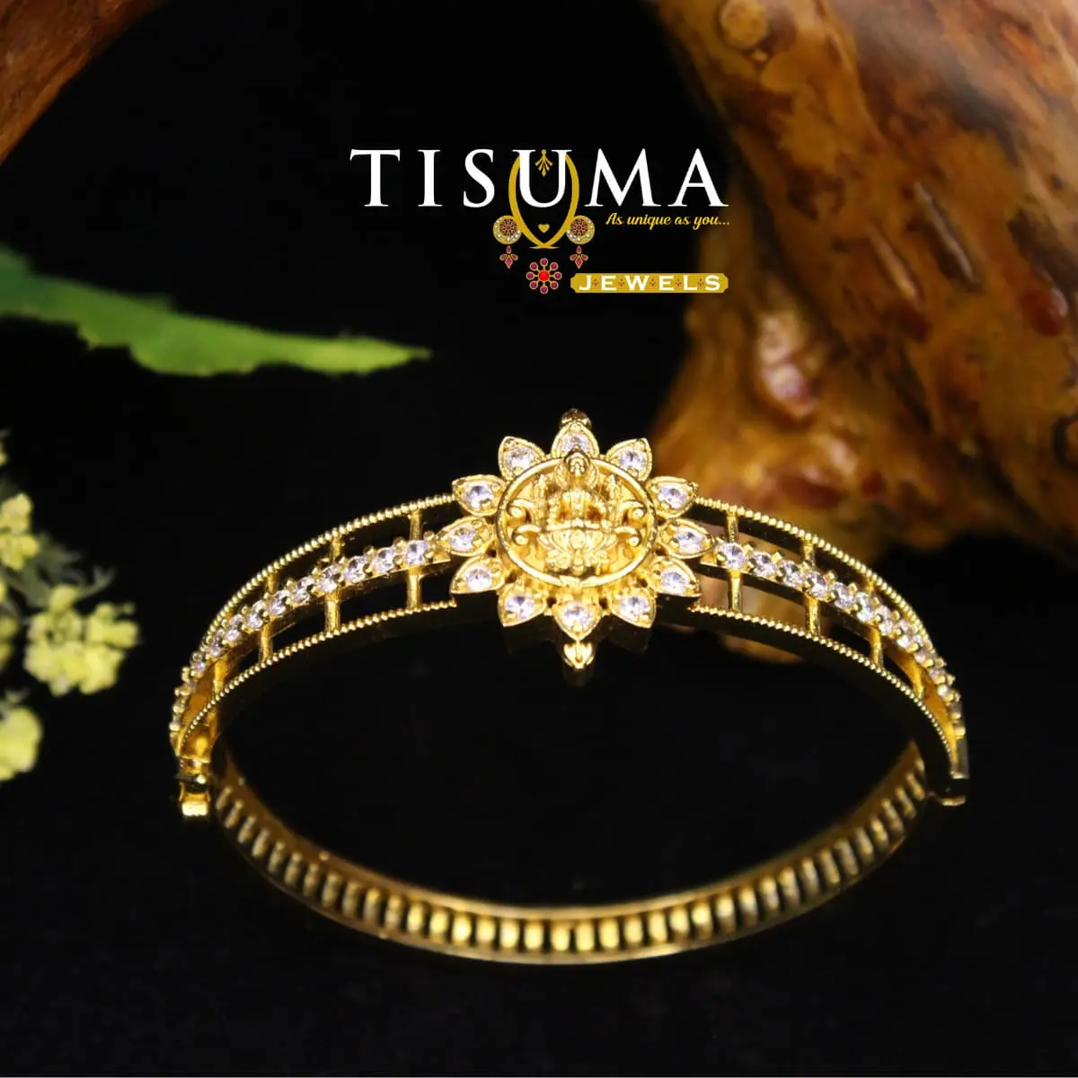 Temple Goddess Lakshmi Floral Halo Pavé Zircon Anti-Tarnish Kada Bangle